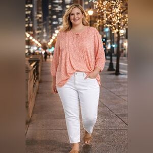 NWT Croft & Barrow Coral Floral Blouse 0X Plus Size Boho Tunic Top Pintuck Sprin